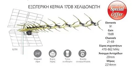 ΥΠΕΡΕΝΙΣΧΥΜΕΝΗ ΚΕΡΑΙΑ UHF 91 ΣΤΟΙΧΕΙΩΝ ΧΕΛΙΔΟΝΟΤΗΣ ΤΕΧΝΟΛΟΓΙΑΣ SABER ANTENNA UHF 91 EL DVB-T ΜΕ ΦΙΛΤΡΟ ΠΑΡΕΜΒΟΛΩΝ LTE 40dB LARGE