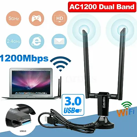5G ΕΞΩΤΕΡΙΚΗ ΚΕΡΑΙΑ WiFi ΜΕΓΑΛΗΣ ΕΜΒΕΛΕΙΑΣ (με ισχυρή ικανότητα αντιμετώπισης παρεμβολών και Υποστήριξη των τελευταίων ασύρματων προτύπων) 1200Mbps Long Range AC1200 Dual Band 5GHz Wireless USB3.0 WiFi Adapter Antennas