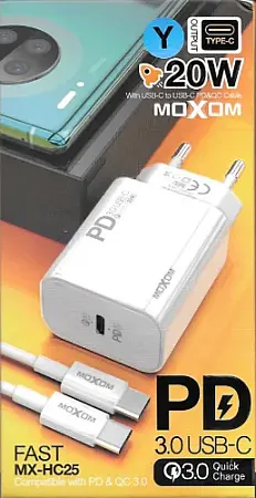 Moxom Γρήγορος Φορτιστής με Θύρα USB-C και Καλώδιο USB-C 18W Power Delivery Λευκός (MX-HC25)